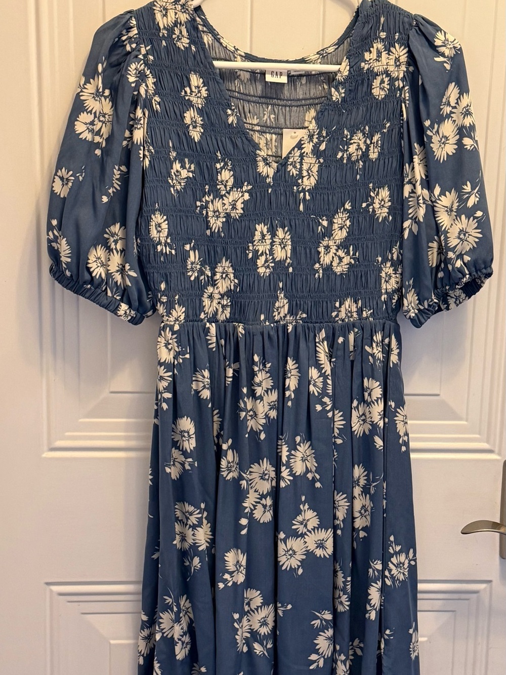 GAP Blue Floral Smocked Midi Dress with Puff Sleeves